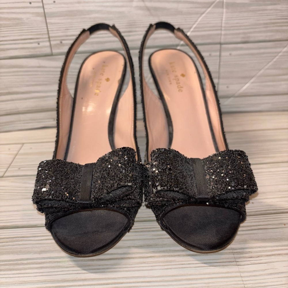 Kate Spade Black Glitter open toe sling backs